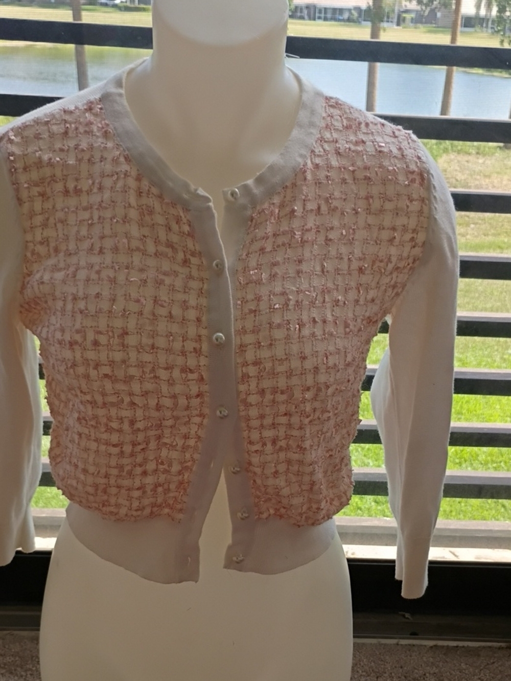 Karl Lagerfeld Pink and White Tweed-Front Cardigan